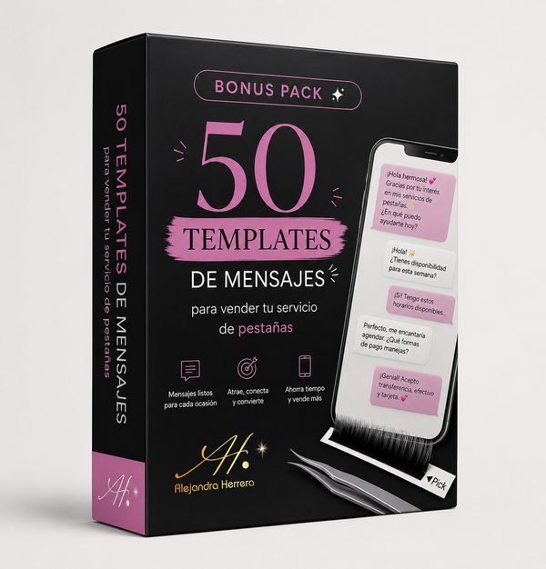 Bonus 1: 50 Templates de Mensajes para vender tu servicio de pestañas
